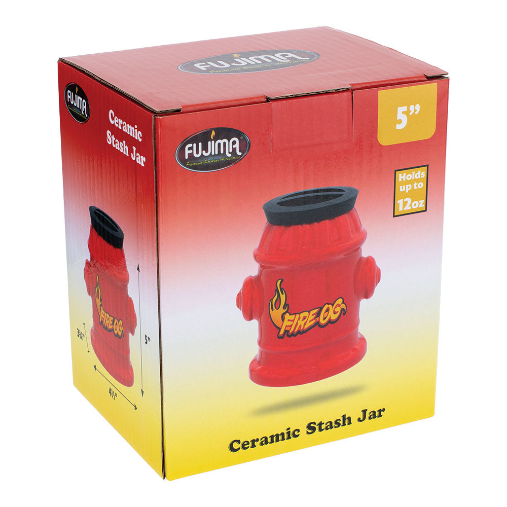 Fujima Fire Hydrant Ceramic Stash Jar packaging, 5" novelty storage with vibrant colors