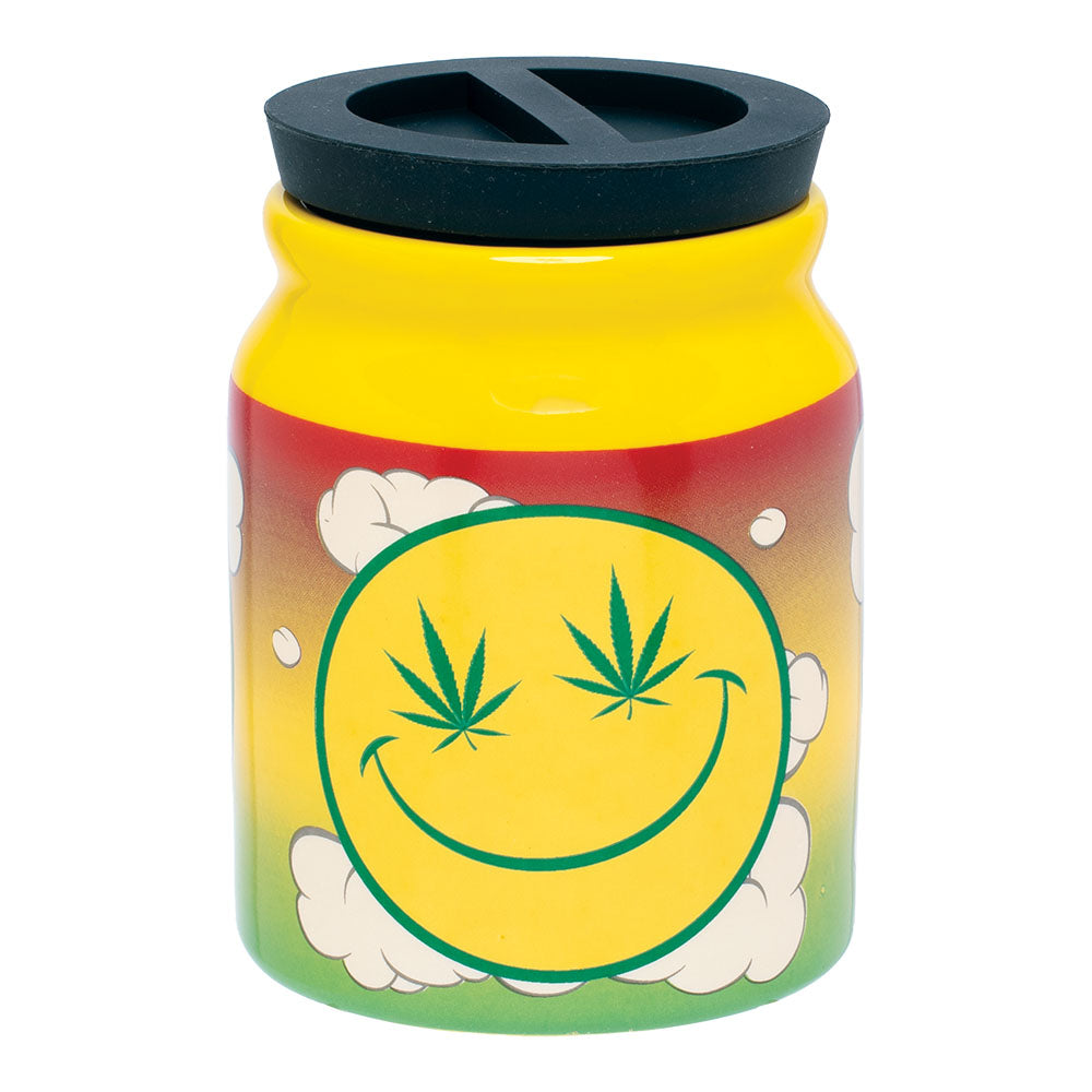 Fujima Happy Hemp Ceramic Stash Jar 4.5" with Stoned Smiley Design, Front View