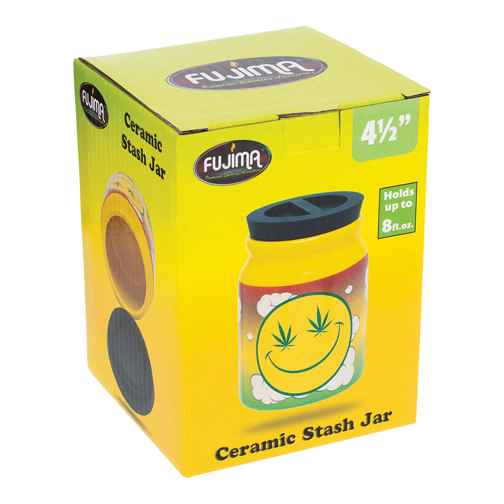 Fujima Happy Hemp Ceramic Stash Jar in packaging, front view with 4.5" size indicator