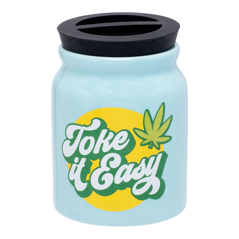 Fujima Happy Hemp Ceramic Stash Jar in light blue with 'Toke It Easy' design, front view