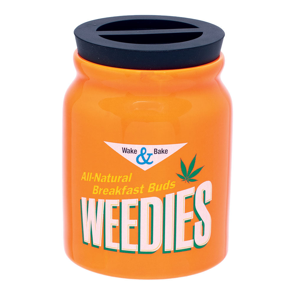 Fujima Happy Hemp Ceramic Stash Jar in vibrant orange with 'Weedies' logo, front view, 4.5" tall.