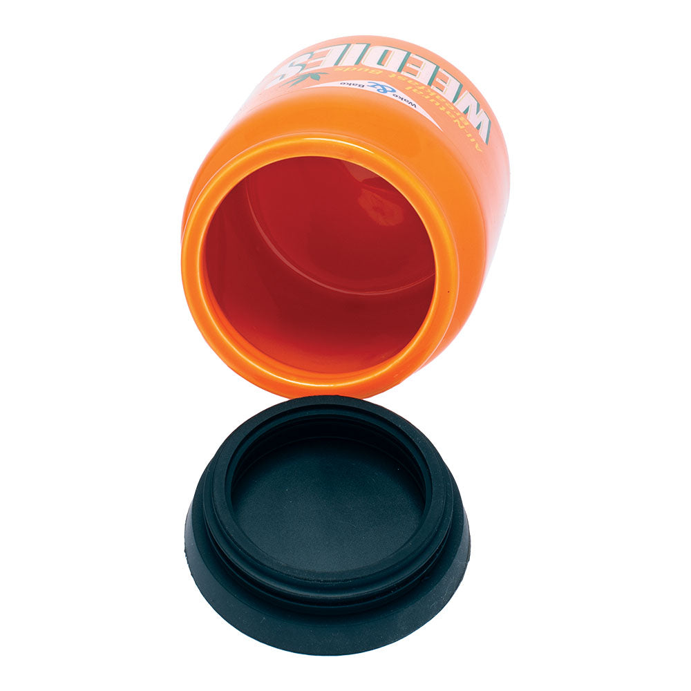 Fujima Happy Hemp orange ceramic stash jar with open black lid, 4.5" size, angled top view