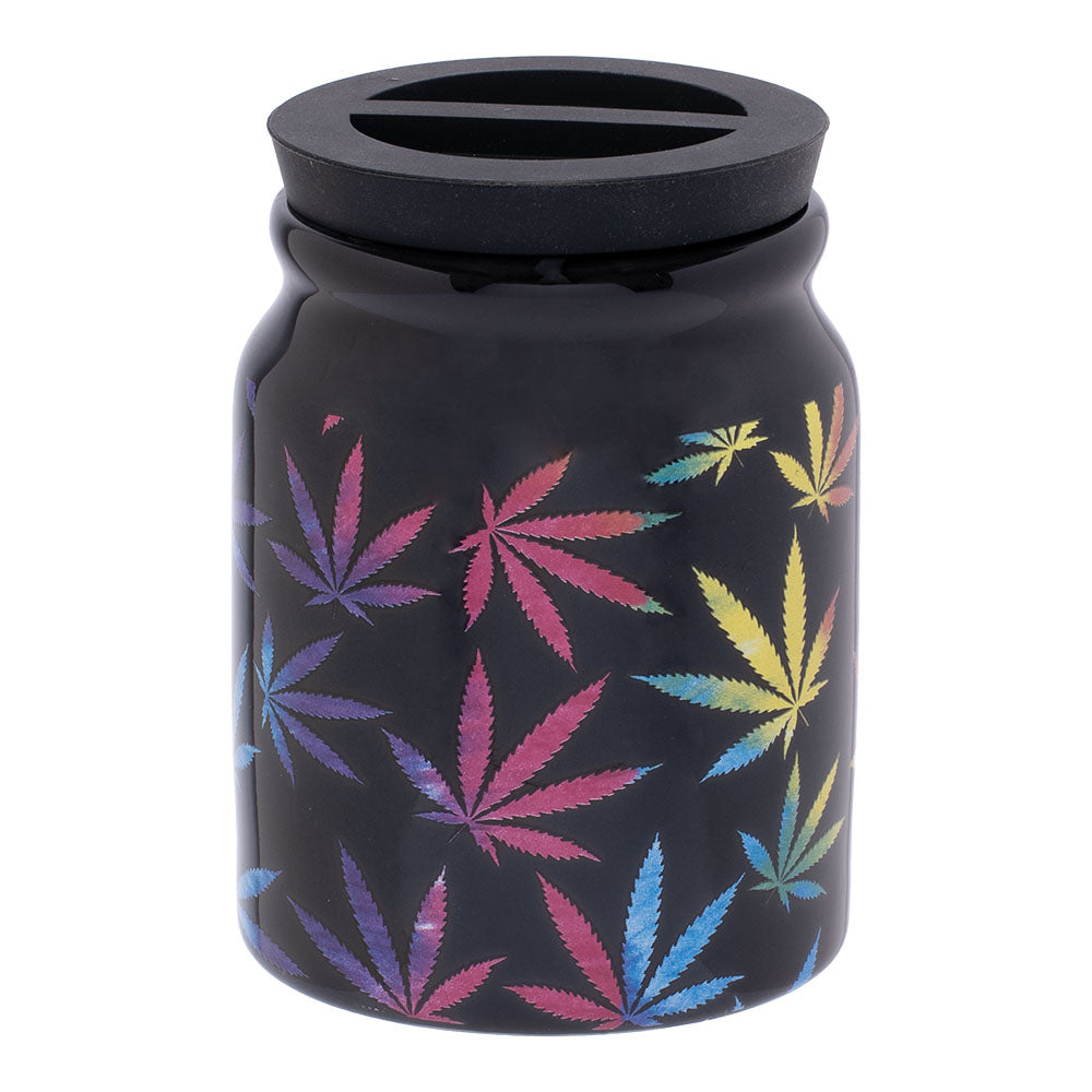 Fujima Happy Hemp Ceramic Stash Jar, 4.5" with Colorful Hemp Leaves Design, Front View