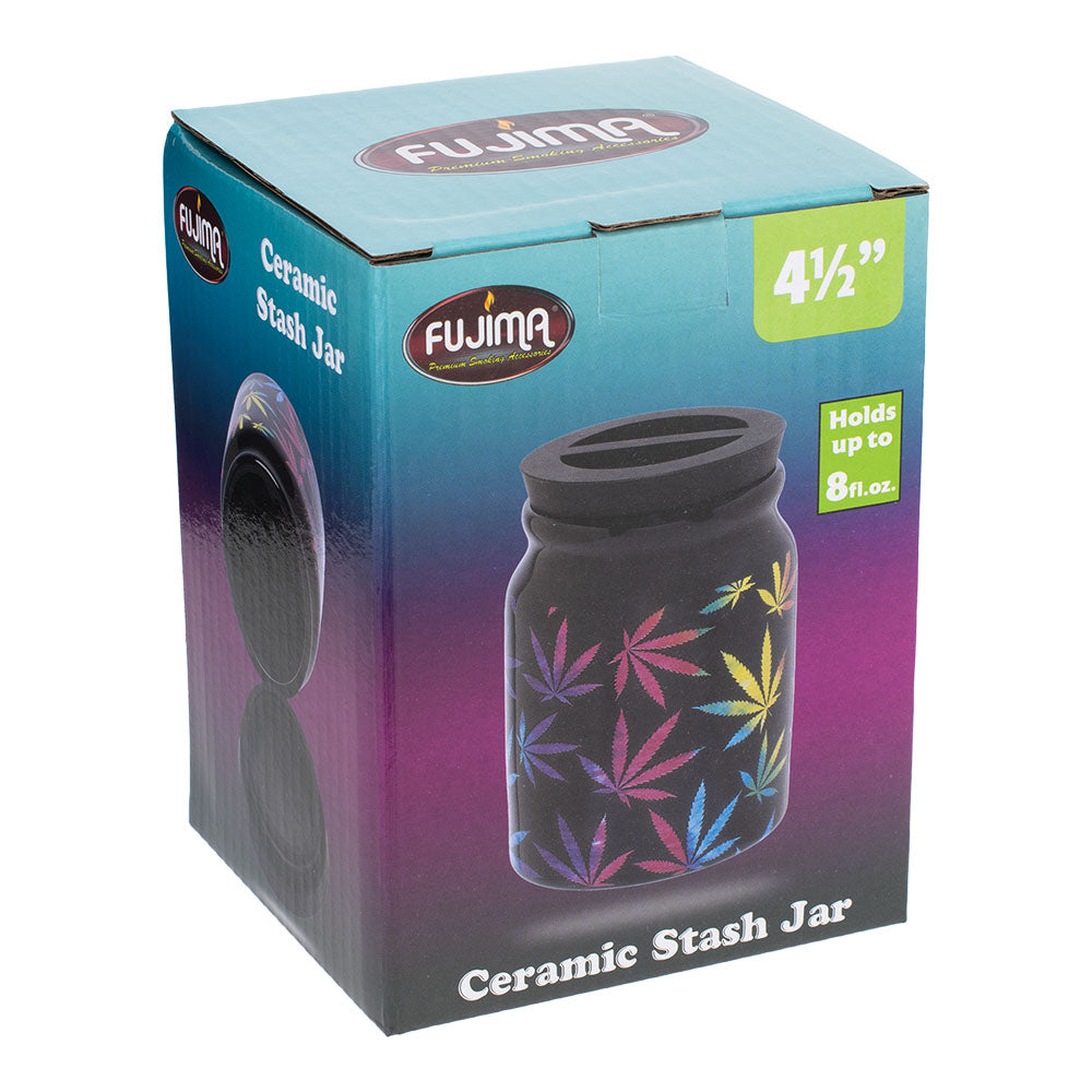 Fujima Happy Hemp 4.5" Ceramic Stash Jar packaging with colorful leaf design