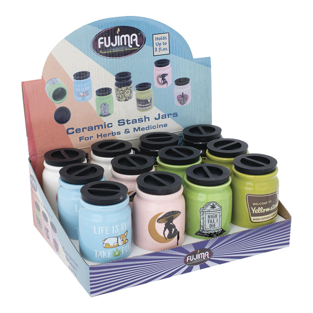 Fujima Cute'n'Punny Ceramic Stash Jars 12PC Display in assorted colors and designs, front view