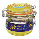 Cheech & Chong branded 150mL airtight herb storage jar with colorful tie-dye design, front view.