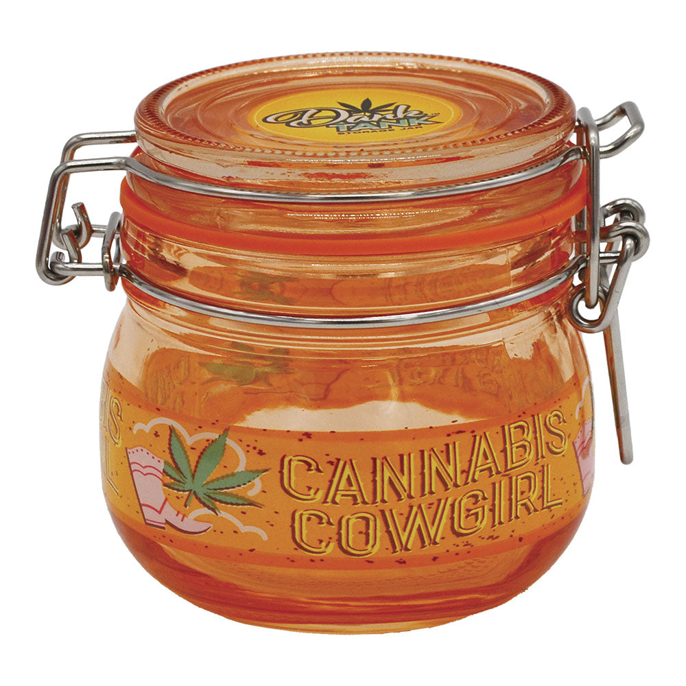 Fujima Dank Tank 150mL airtight jar with 'Cannabis Cowgirl' design, front view on white background