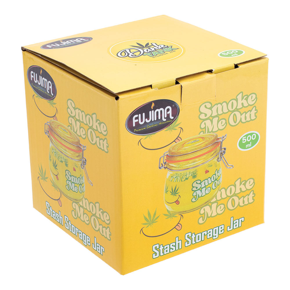 Fujima Dank Tank Smiley Smoke Me Out Glass Jar in 500ml packaging, front and side view