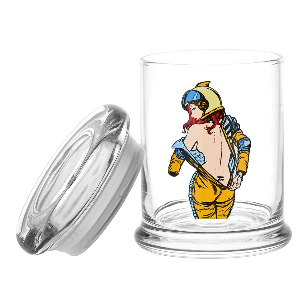 Pulsar 420 Jars Pop Top featuring Zero G Strip astronaut design, clear glass, front view with lid off
