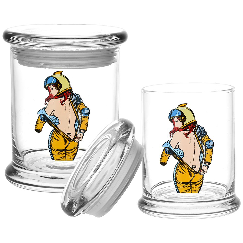 Pulsar 420 Jars Pop Top with Zero G Strip design, front view, clear glass with airtight seal