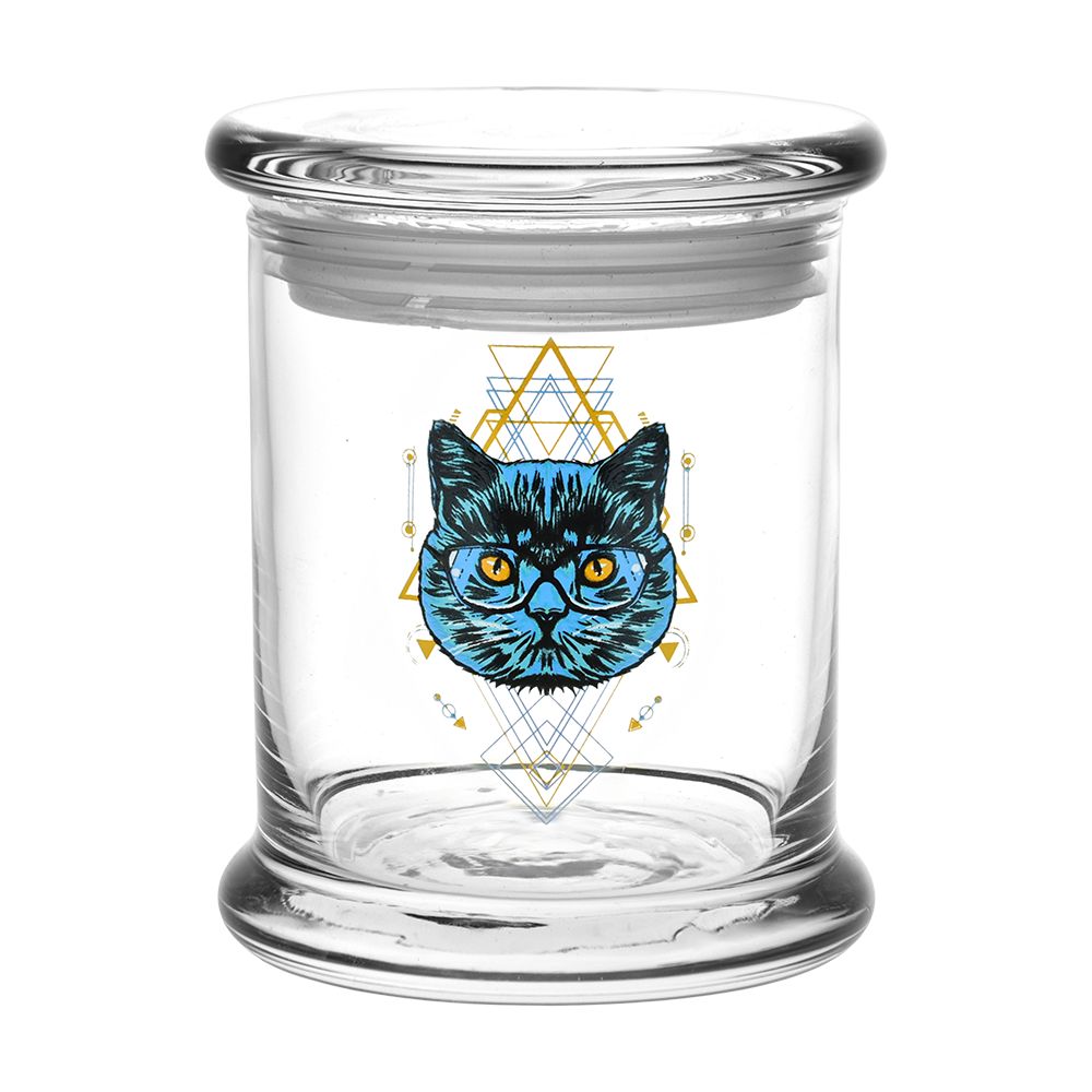 Pulsar 420 Jars Pop Top Large - Front View with Sacred Cat Design, 1/2 Ounce Capacity