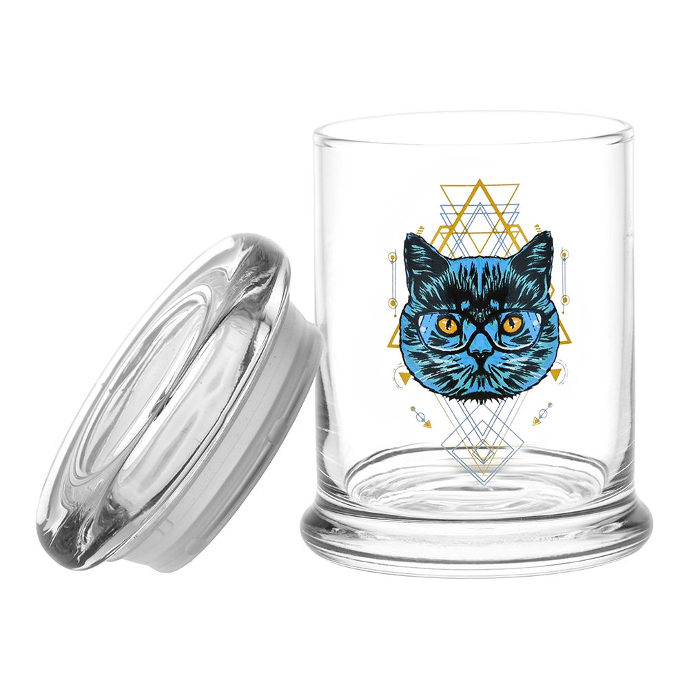 Pulsar 420 Jars Pop Top with Sacred Cat design, airtight seal for freshness, front view on white background