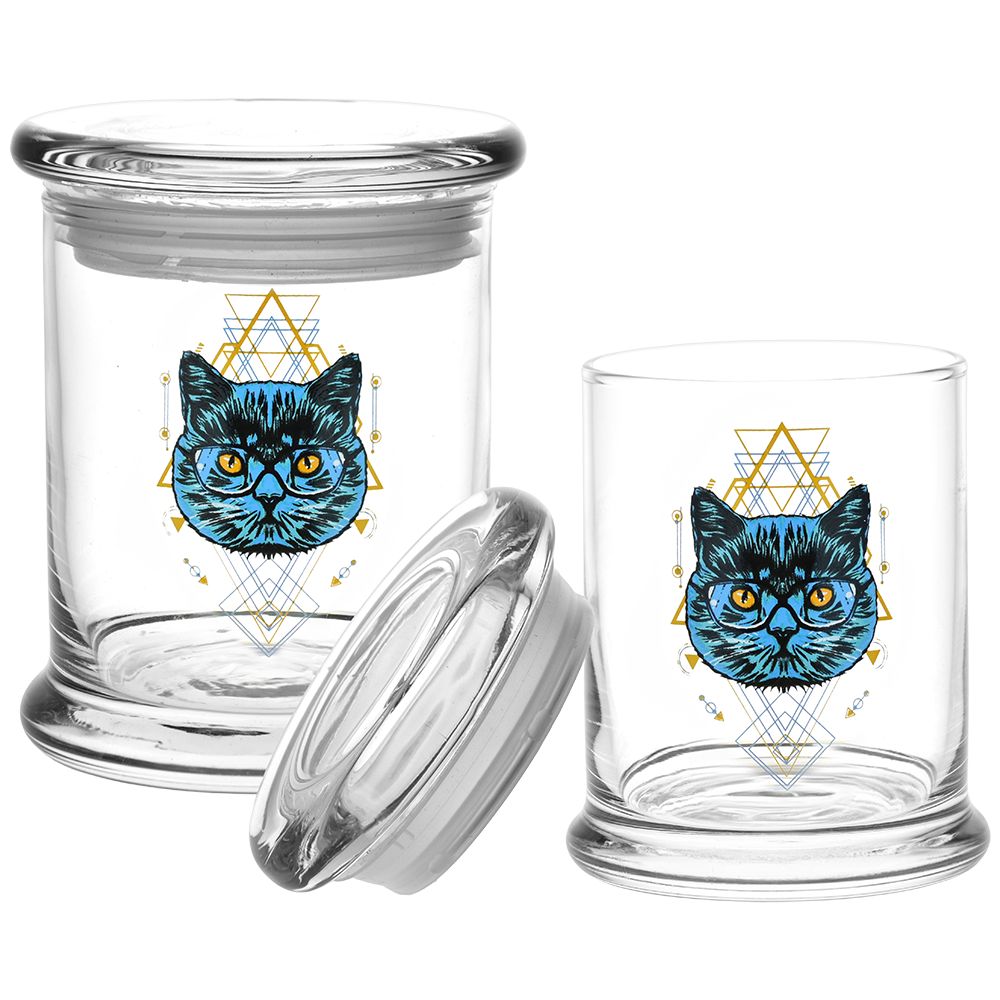 Pulsar 420 Jars Pop Top featuring Sacred Cat design, transparent with secure lid, front view