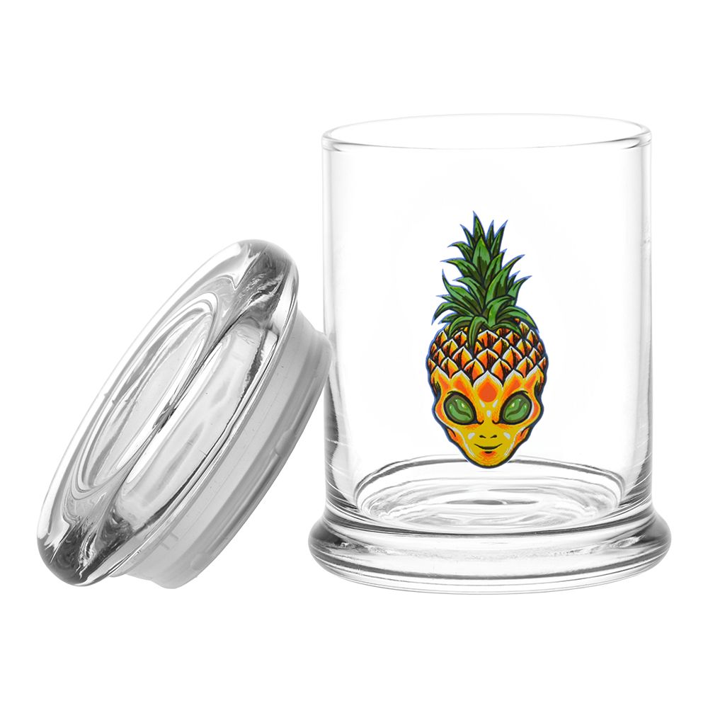 Pulsar 420 Jars Pop Top with Pinealien design, clear glass, front view on white background