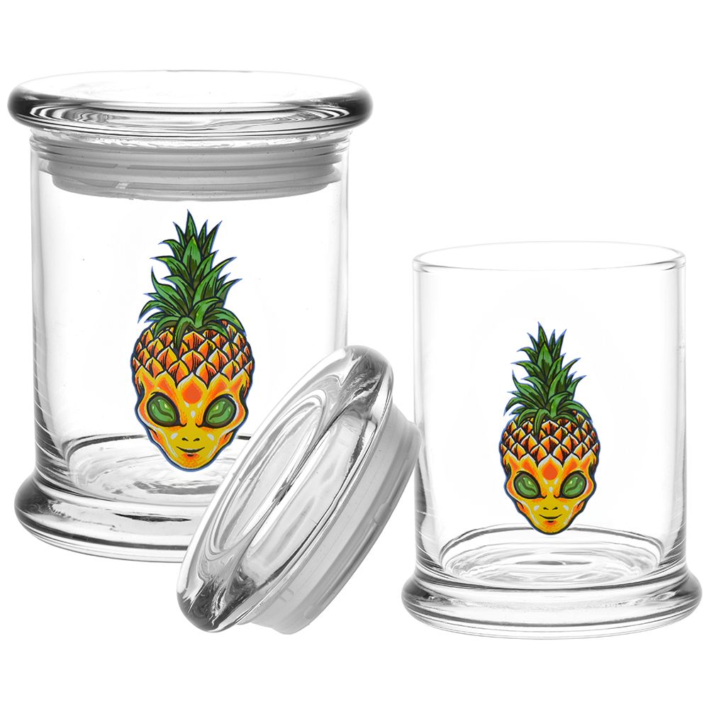 Pulsar 420 Jars Pop Top featuring Pinealien design, clear glass with secure lid, front view