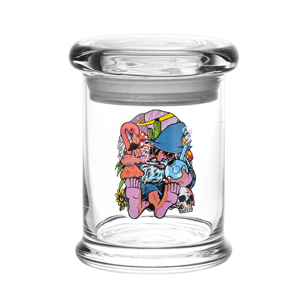 Pulsar 420 Jars Pop Top featuring Chill Cat design, medium size for 1/3 ounce, front view on white background