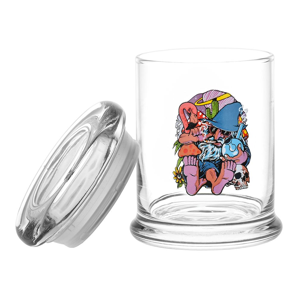 Pulsar 420 Jars Pop Top with Flamingo Wizard design, clear glass, front view with open lid