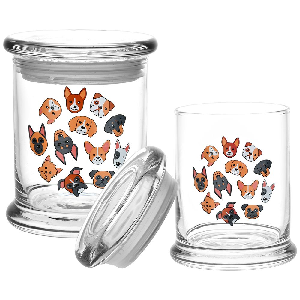 Pulsar 420 Jars Pop Top Woof Pack with cartoon dog prints, front view on white background