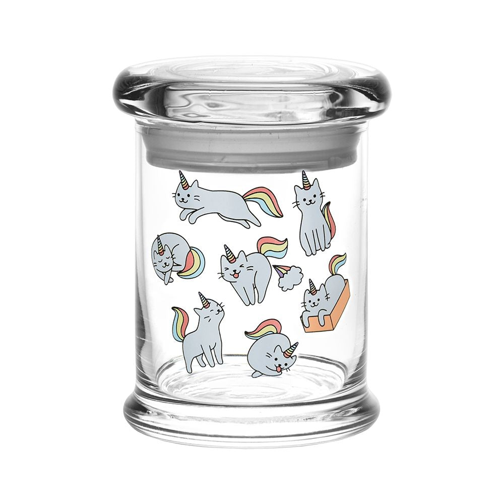 Pulsar 420 Jars Pop Top Medium 1/3 Ounce with Caticorn Designs, Front View on White Background