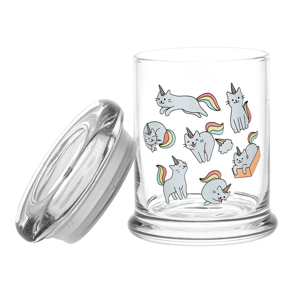 Pulsar 420 Caticorns Pop Top Jar, Clear Glass with Colorful Unicorn Cat Designs