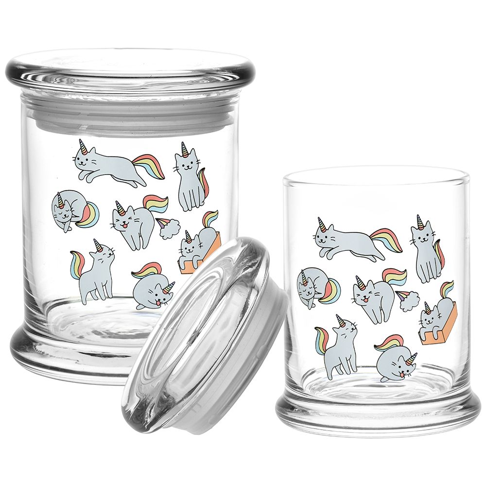 Pulsar 420 Jars Pop Top with Caticorn Designs, Front and Angle Views on White Background