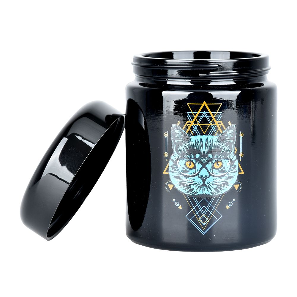 Pulsar 420 UV Screw Top Jar featuring Sacred Cat design - Front View on White Background