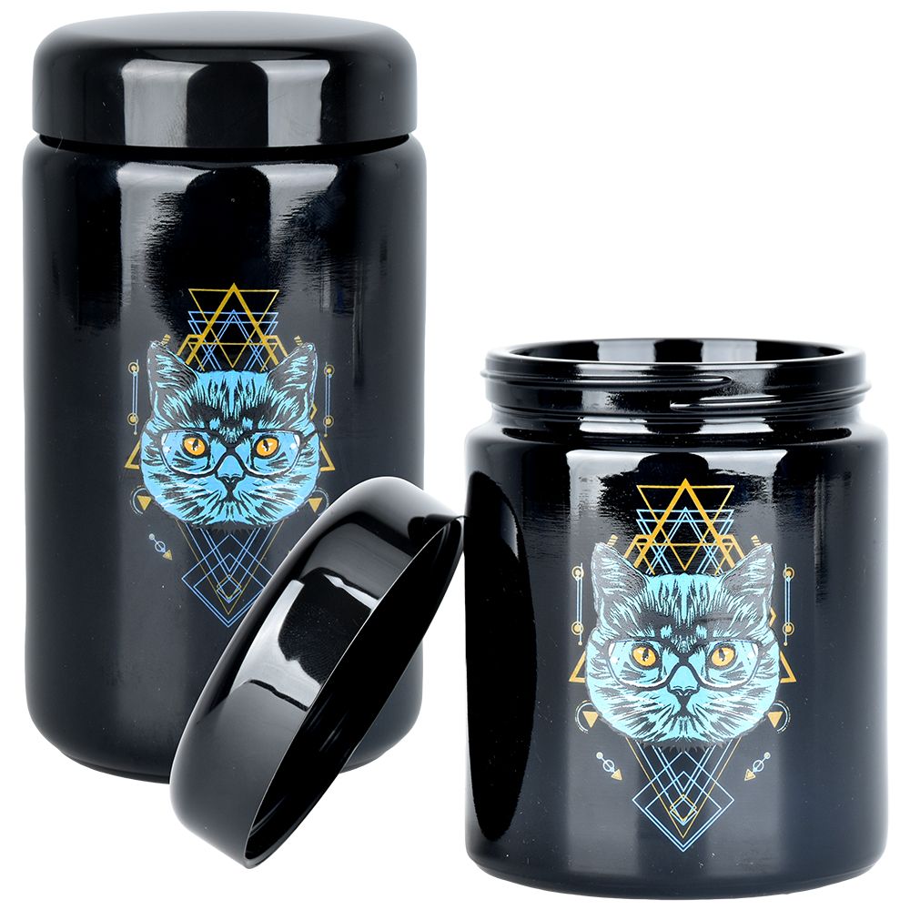 Pulsar 420 Jars UV Screw Top with Sacred Cat Design - Front View with Open and Closed Lids