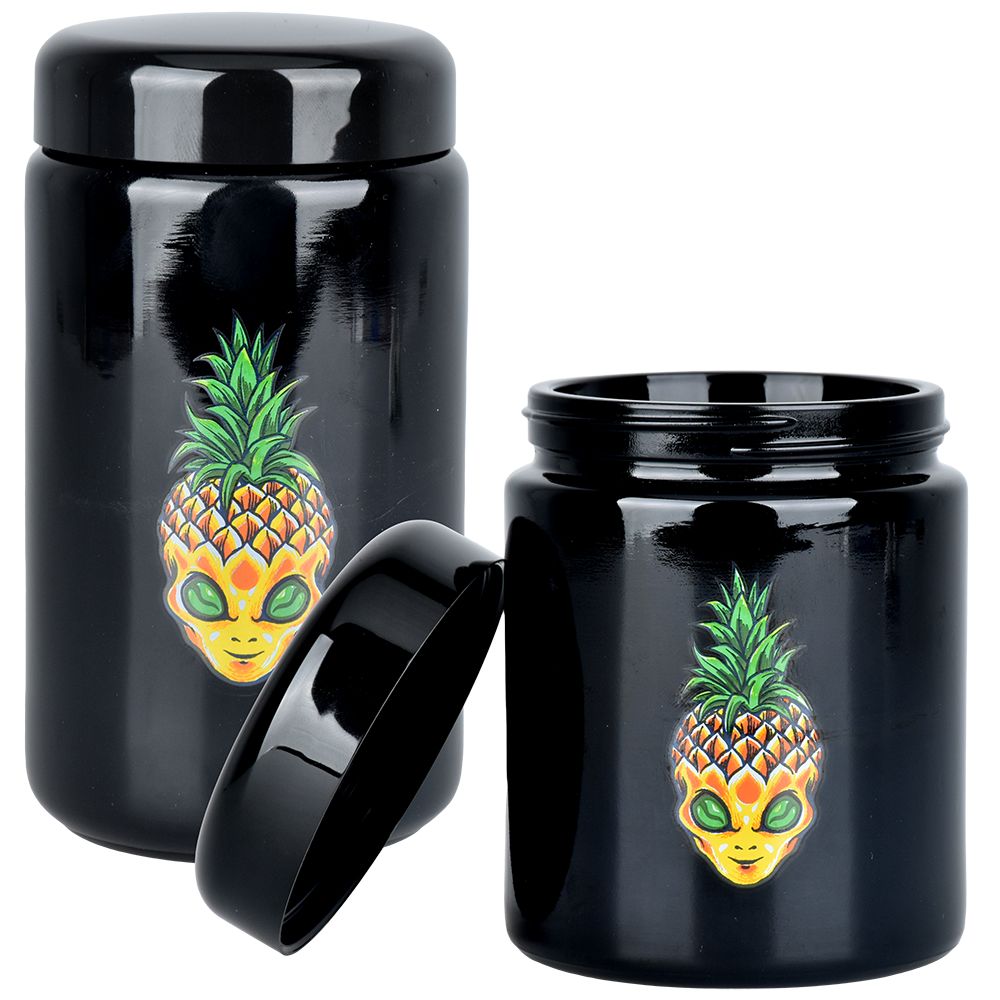 Pulsar 420 Jars UV Screw Top with Pinealien design, front view on seamless white background