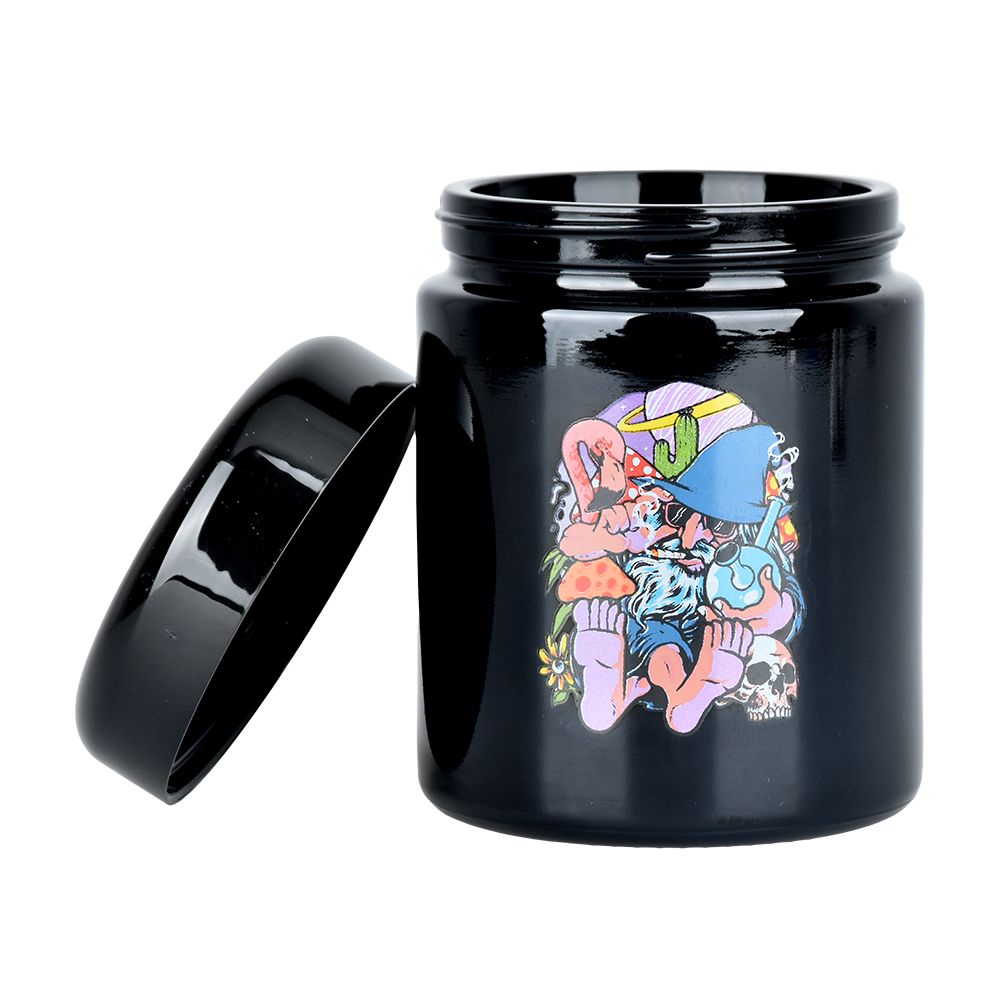 Pulsar 420 UV Screw Top Jar with Flamingo Wizard Design, Front View on White Background
