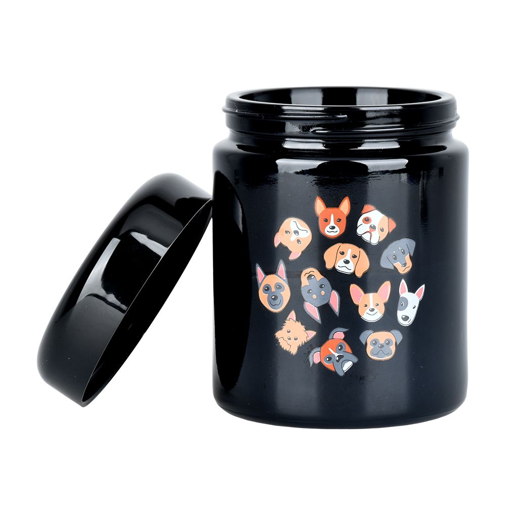 Pulsar 420 UV Screw Top Jar with Woof Pack design, front view on white background