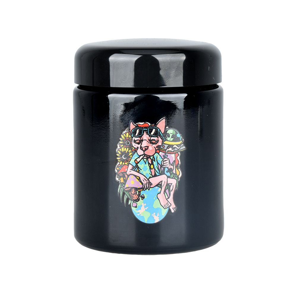 Pulsar 420 UV Screw Top Jar Large - Chill Cat Design Front View on Seamless White