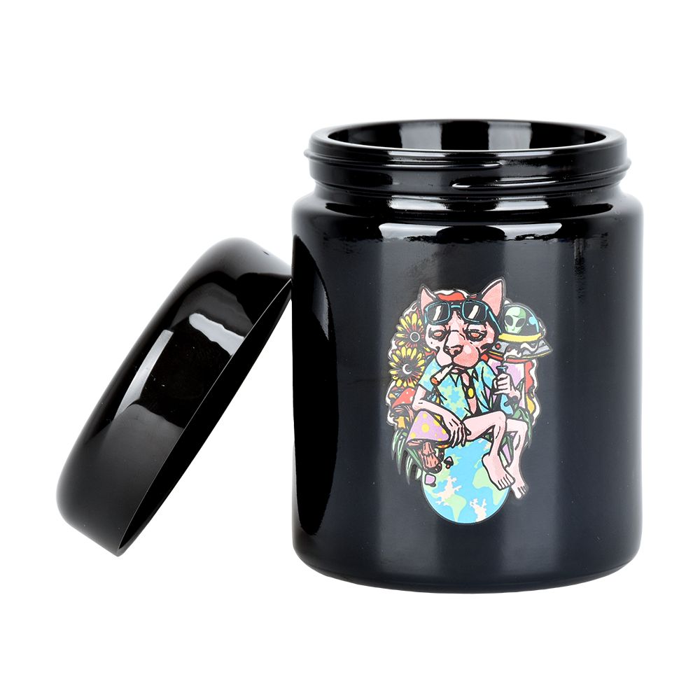 Pulsar 420 Jars UV Screw Top with Chill Cat design, front view on white background