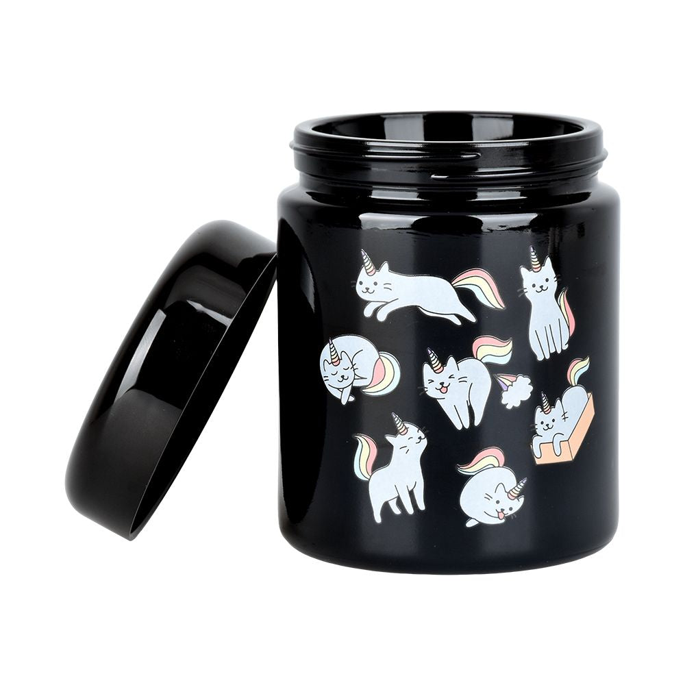 Pulsar 420 UV Screw Top Jar featuring whimsical caticorns, front view on white background