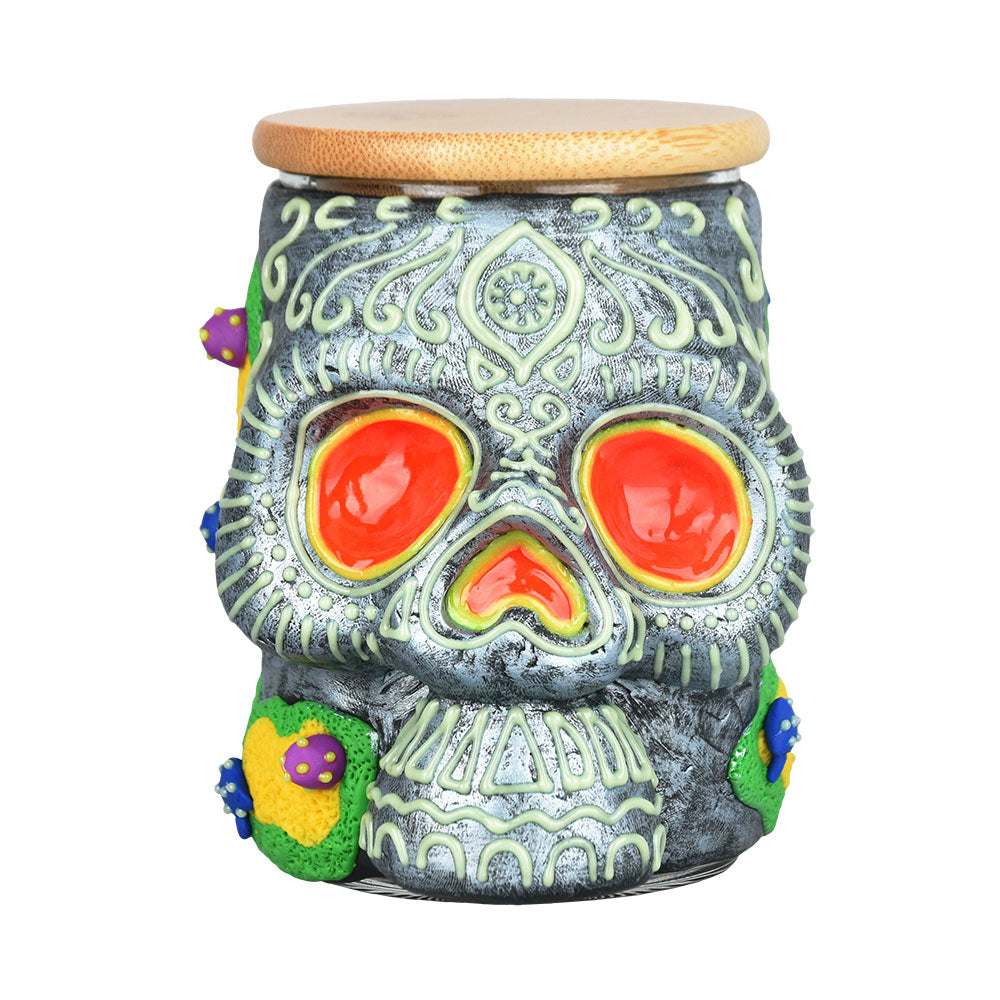 Pulsar Sugar Skull Glass Jar - 4.25" with Bamboo Lid - Front View