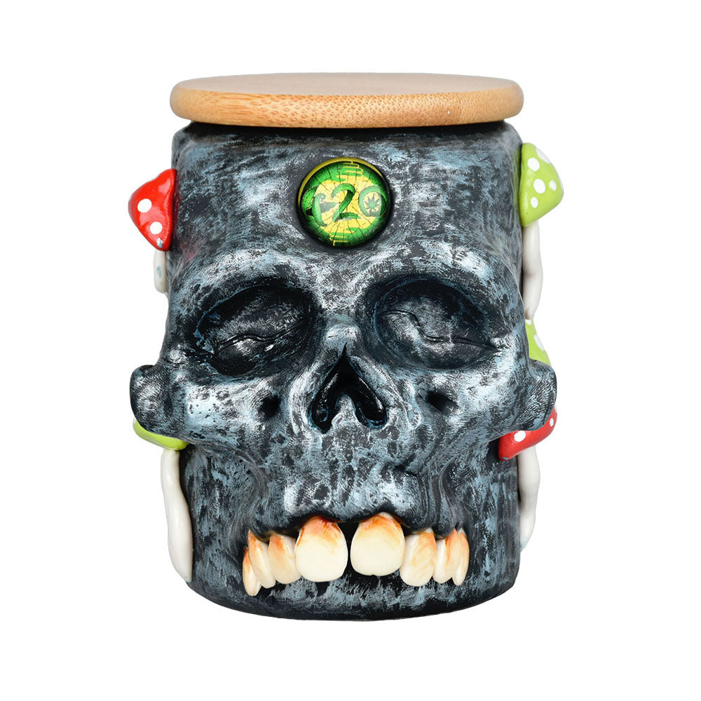 Pulsar Third Eye Shroom Skull Glass Jar, 4.25" with bamboo lid, front view