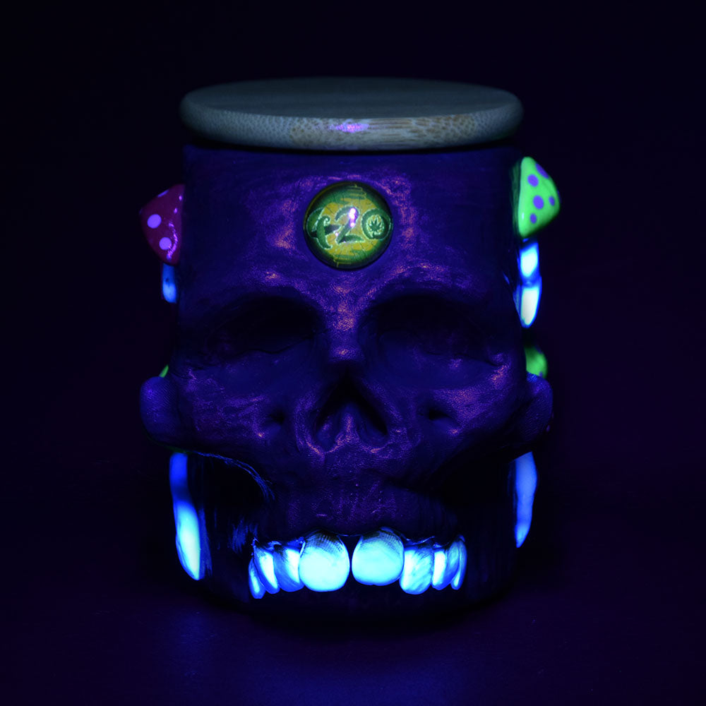 Pulsar Third Eye Shroom Skull Glass Jar glowing in dark, front view, 4.25" size for storage