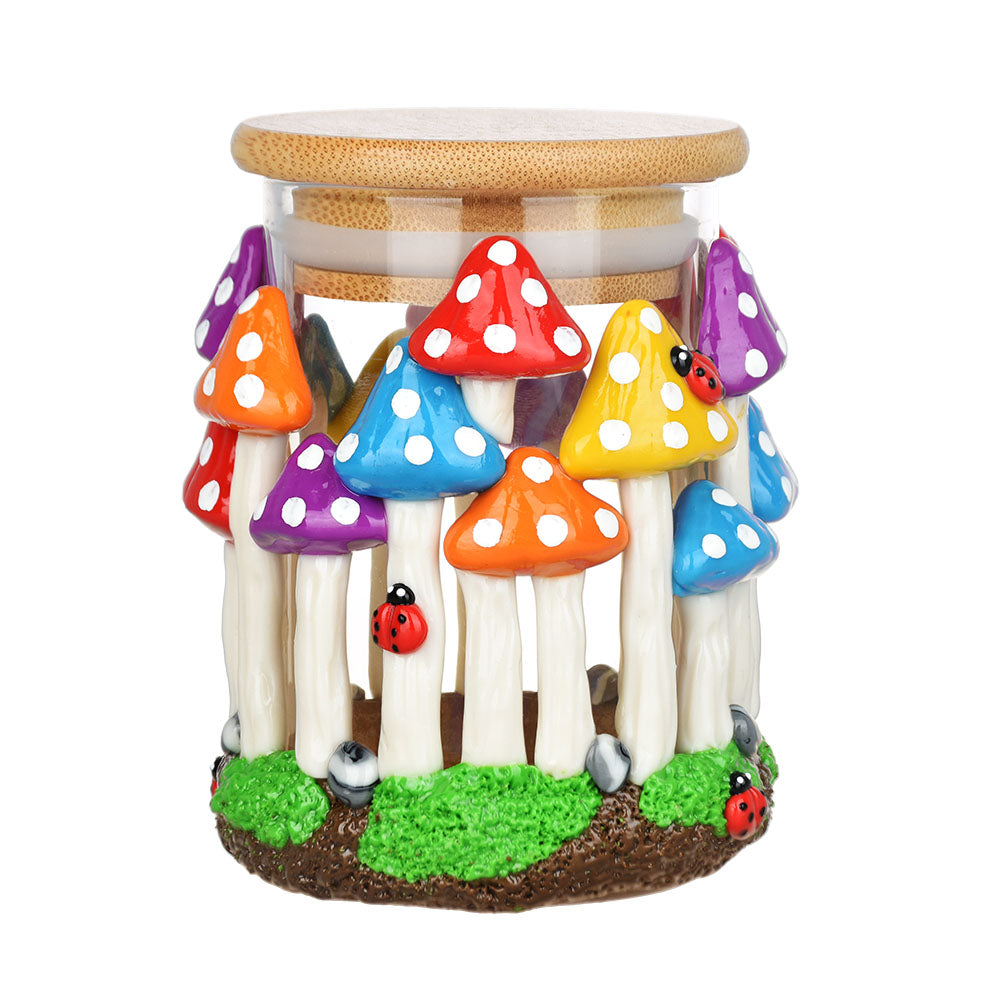 Pulsar Shroom Forest Glass Jar - 4.25" with Colorful Mushroom Design, Front View