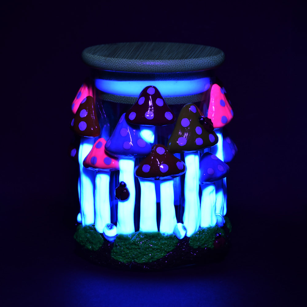 Pulsar Shroom Forest Glass Jar glowing in dark, 4.25" size ideal for storing rolling accessories