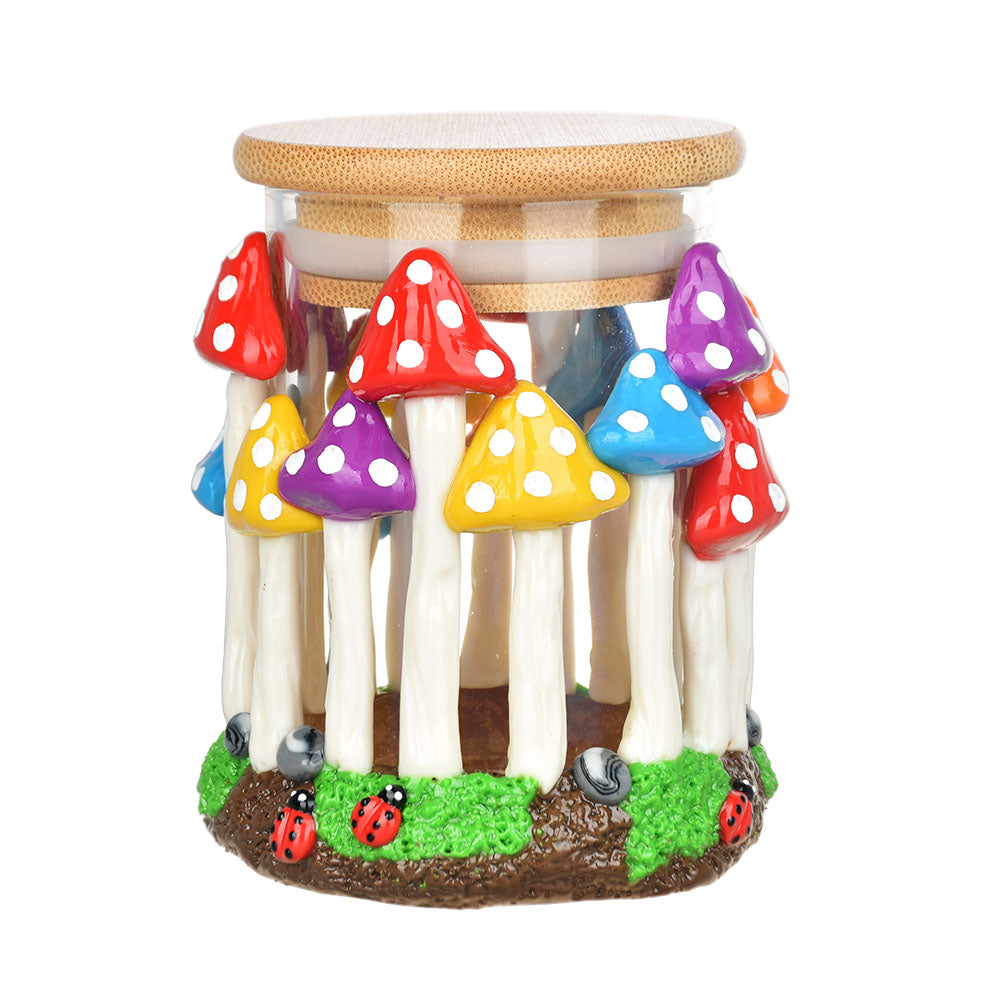 Pulsar Shroom Forest Glass Jar with colorful mushroom design and wooden lid, front view