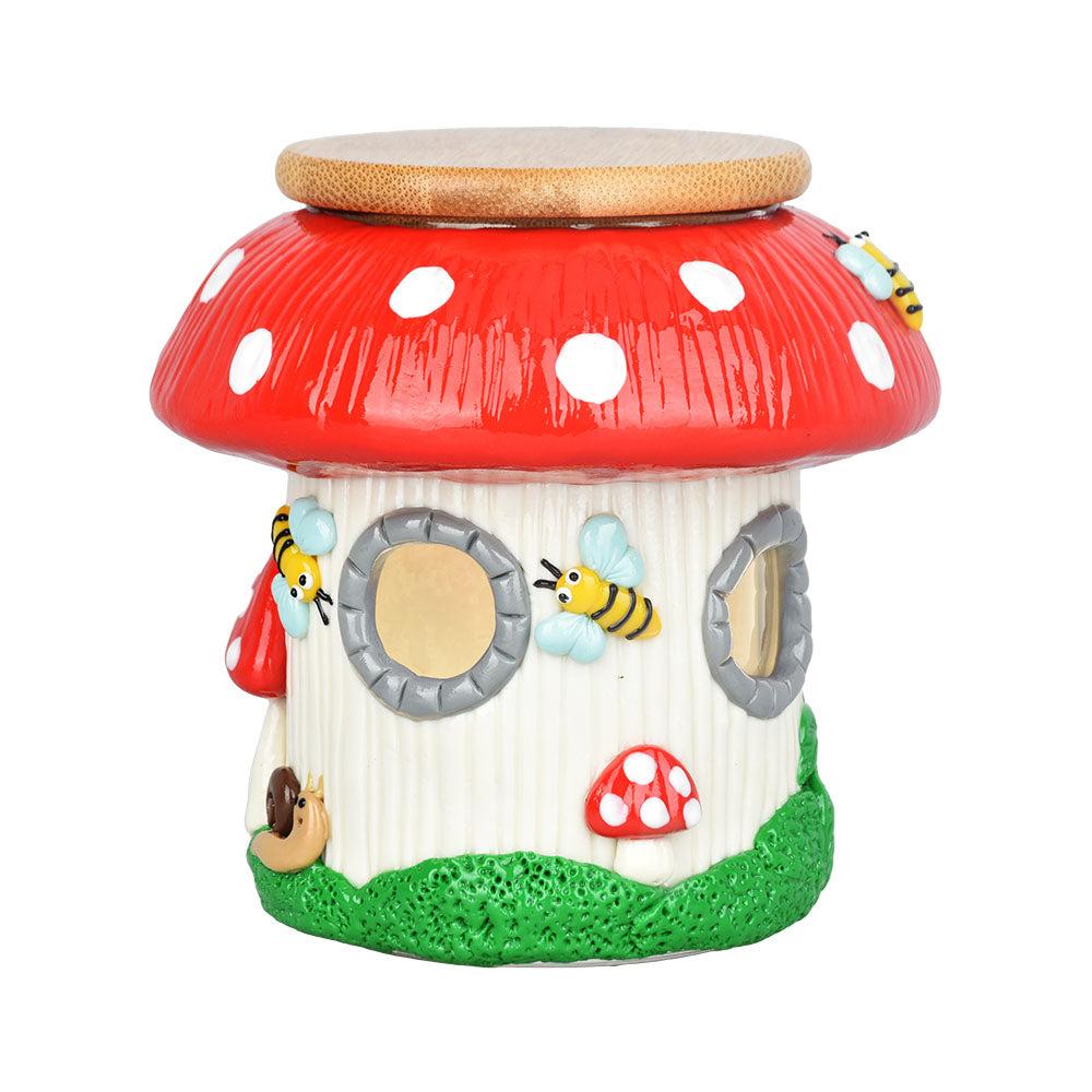 Pulsar Shroom Cottage Glass Jar, 4.25" with Mushroom Design and Bee Accents - Front View