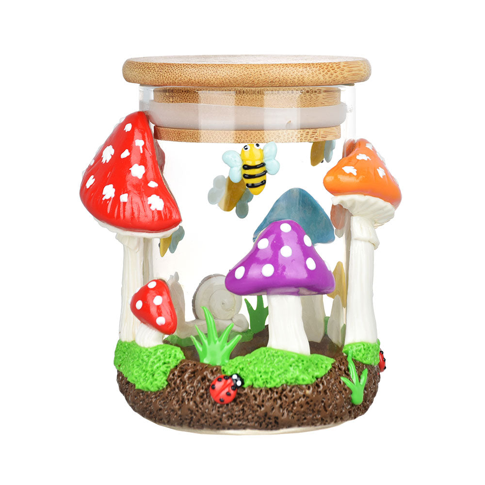 Pulsar Shrooms In The Wild Glass Jar, 4.25" with colorful mushroom design and wooden lid
