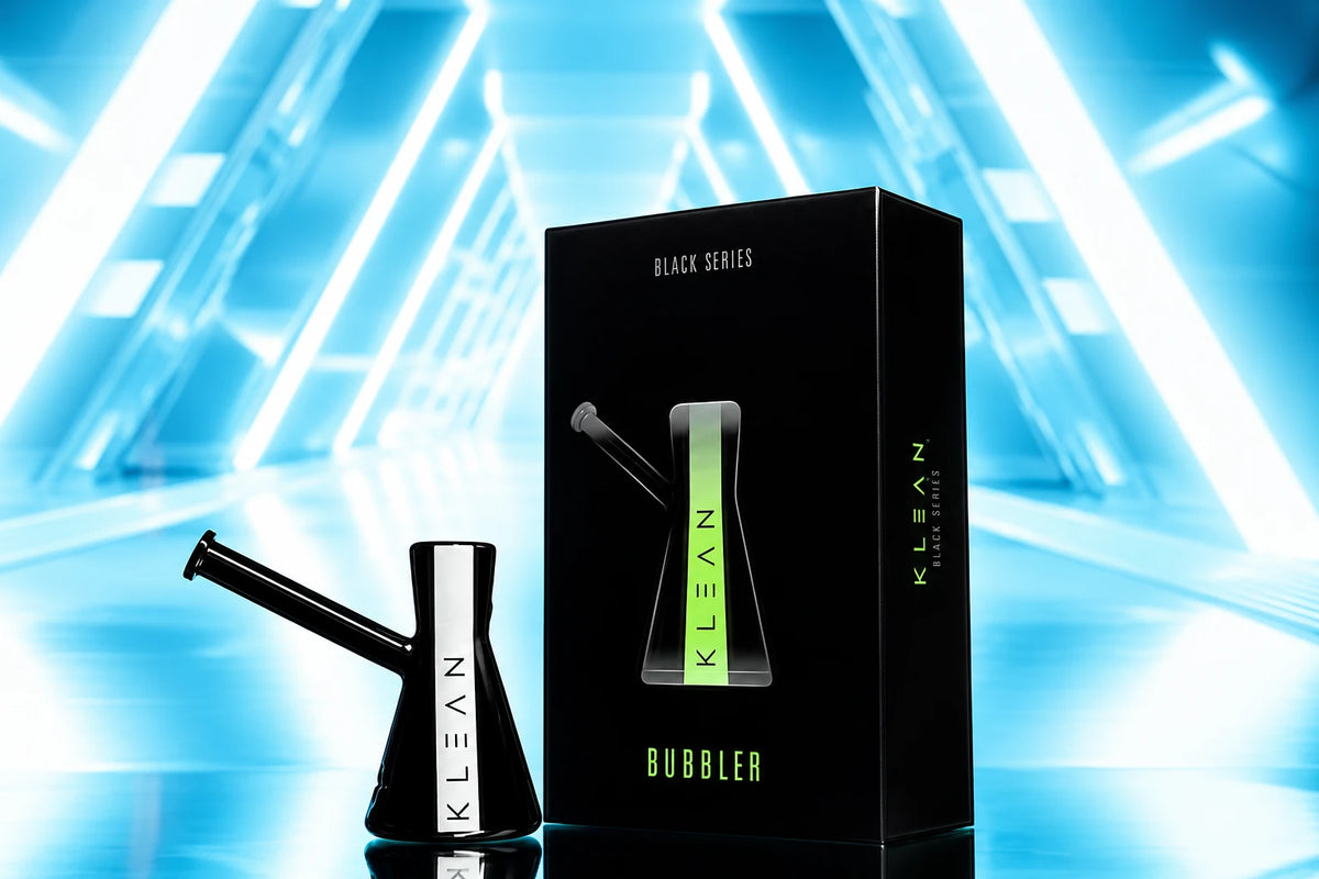 KLEAN Black Series Bubbler Master Case of 24 - black borosilicate glass bubbler with glow-in-the-dark stripe
