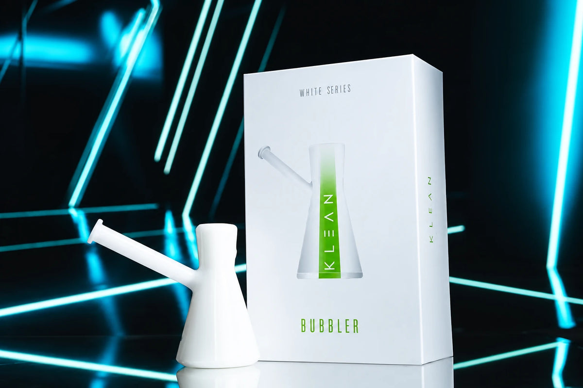 KLEAN White Series Bubbler Master Case of 24 - clear borosilicate glass bubbler with glow-in-the-dark stripe