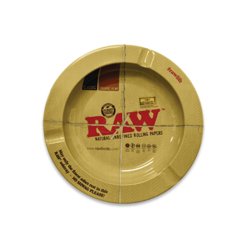 RAW branded 5.5" metal ashtray with magnetic base, top view on white background