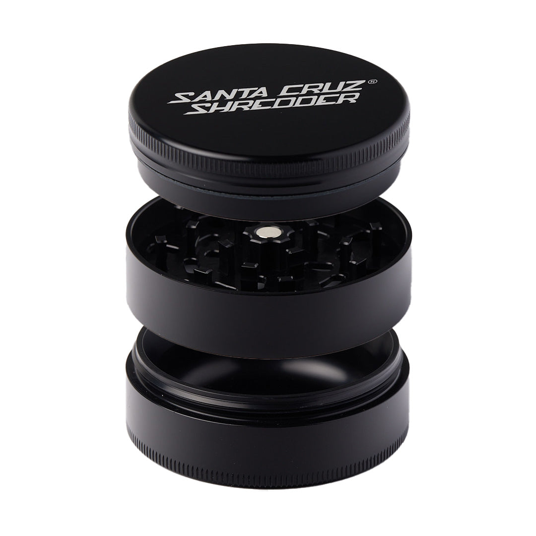 Santa Cruz Shredder Large 3-Piece Grinder in Black, USA-made aluminum with textured grip