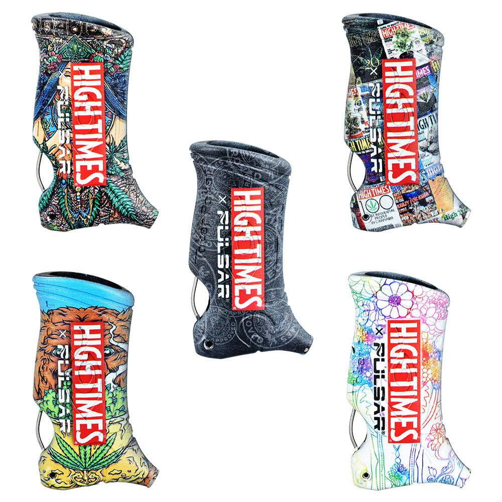 Assorted High Times x Pulsar Toker Poker Lighter Sleeves with vibrant designs, front view