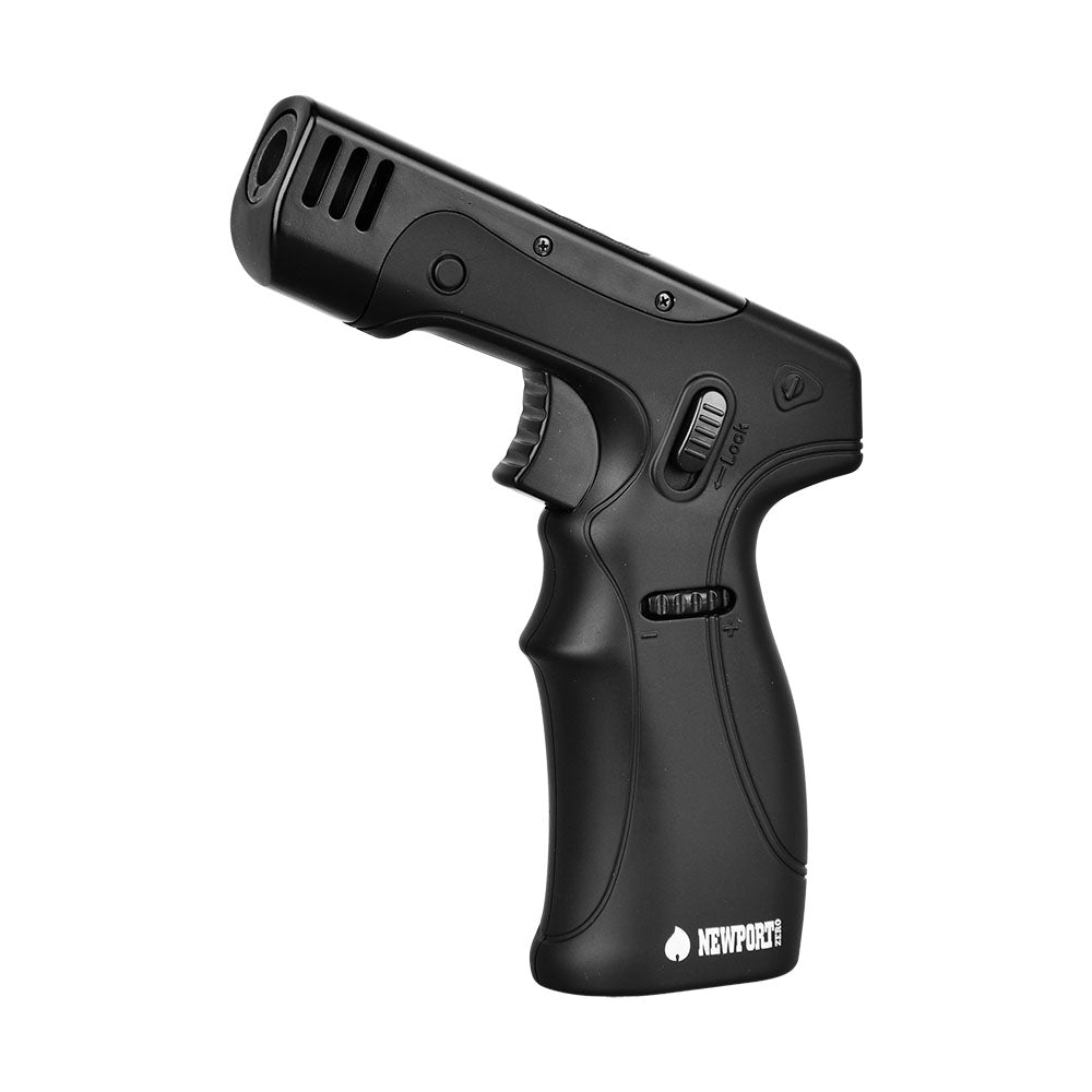 Newport Zero Black Pistol Grip Torch Lighter, 6" size, angled side view, ideal for dab rigs