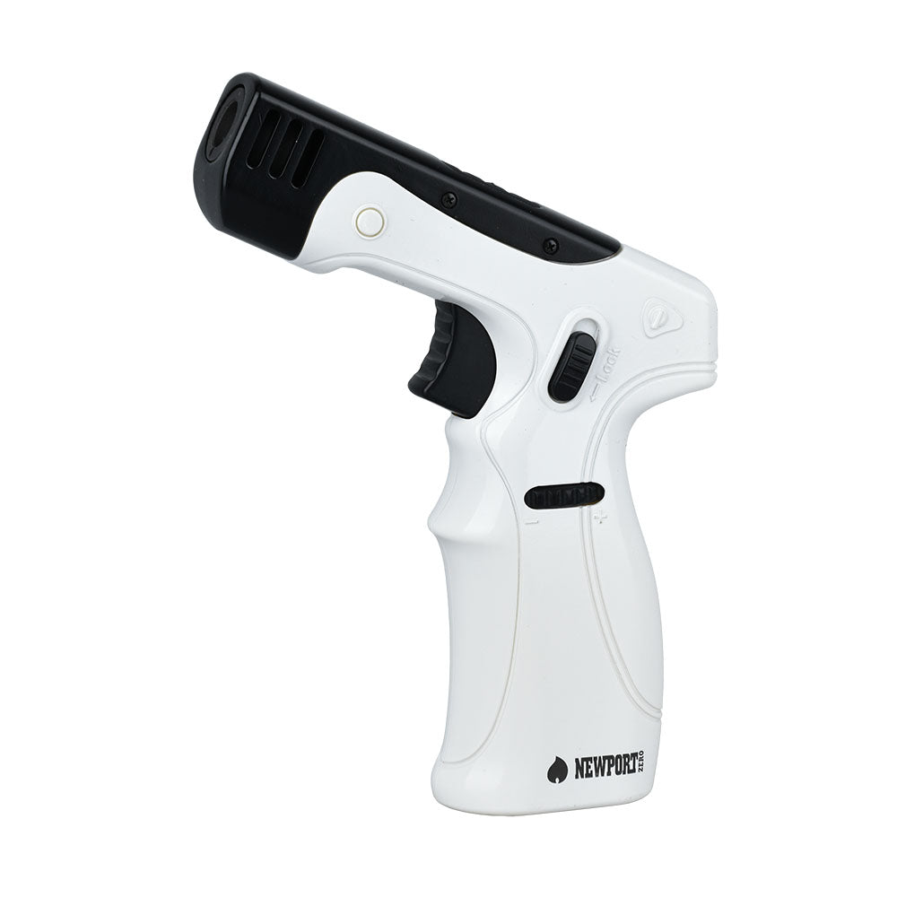 Newport Zero White Pistol Grip Torch Lighter, 6" Size, Side View, Ideal for Dab Rigs