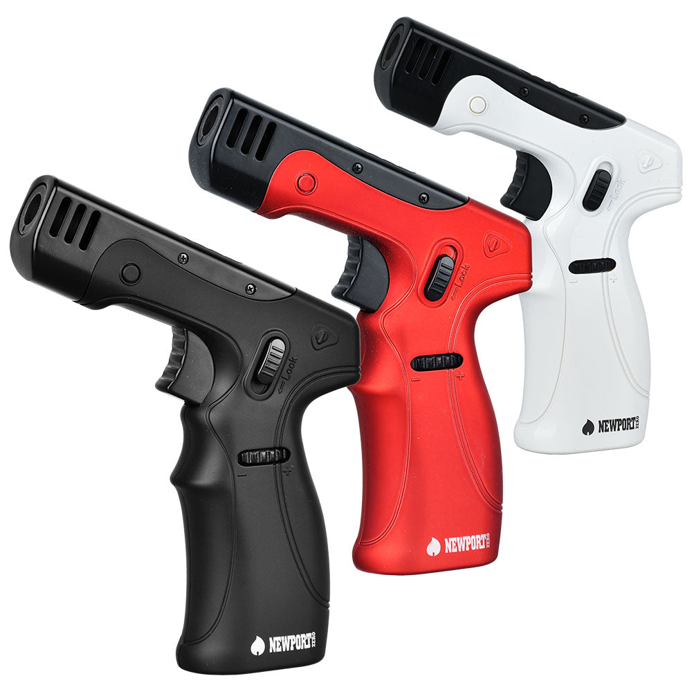Newport Zero Pistol Grip Torch Lighters in black, red, and white on a seamless background