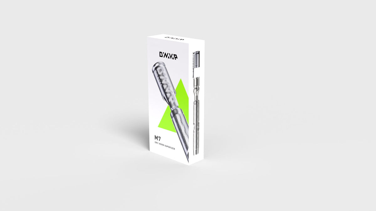 DynaVap The M 7 vaporizer in an isometric view on a white background, showing the full length of the device.